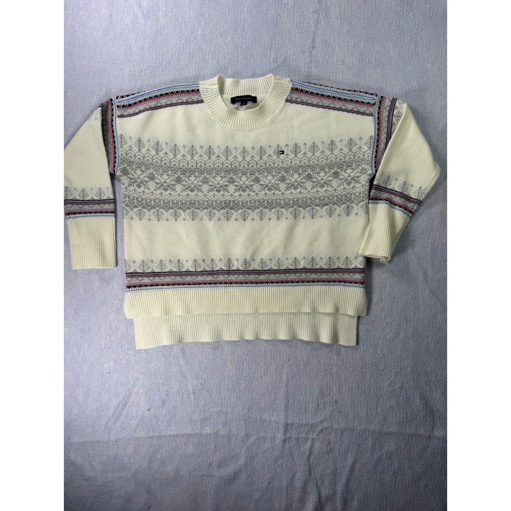 Tommy Hilfiger Womens Fair Isle Pine Tree Sweater Ivory White Grey Size M